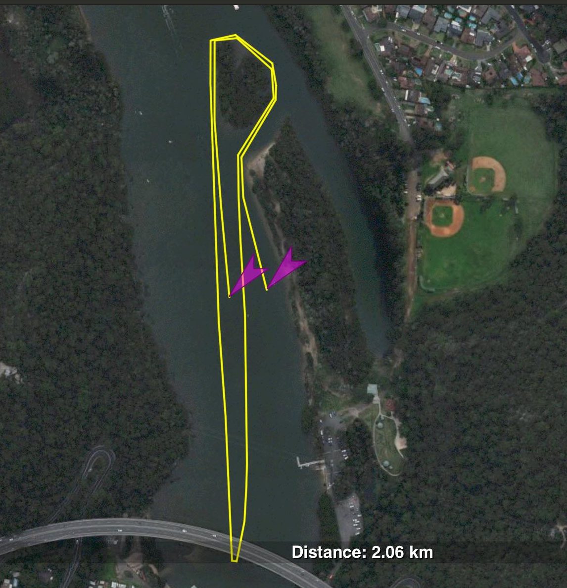 Satellite view of 2km time trial course with overlay showing route.